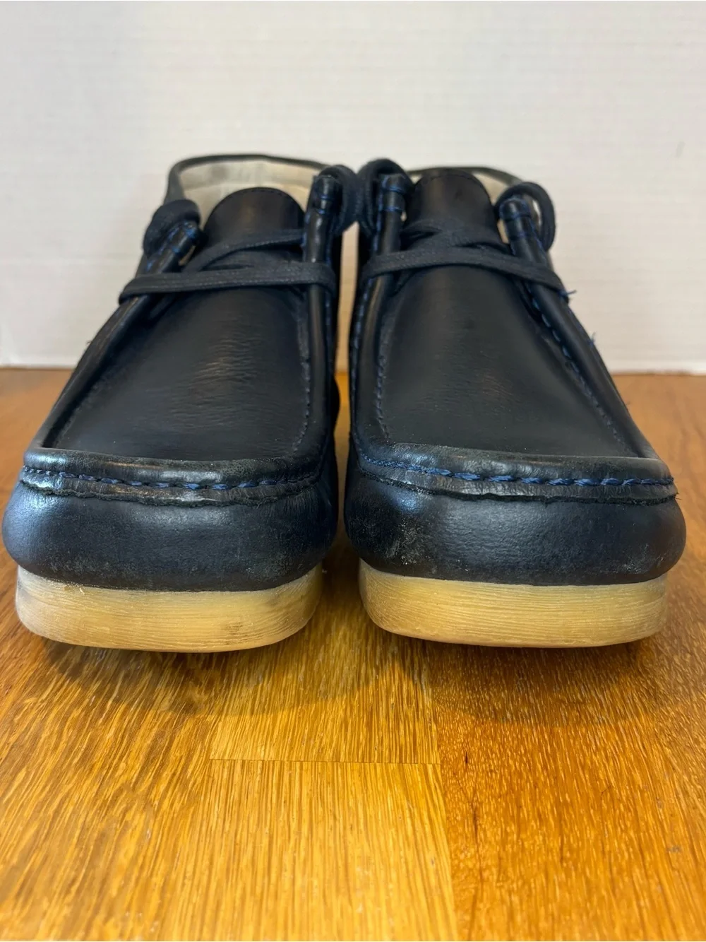 Clarks Stinson Hi Navy Blue Leather Chukka Boots Mens 9.5 Wallabee Style Lace Up